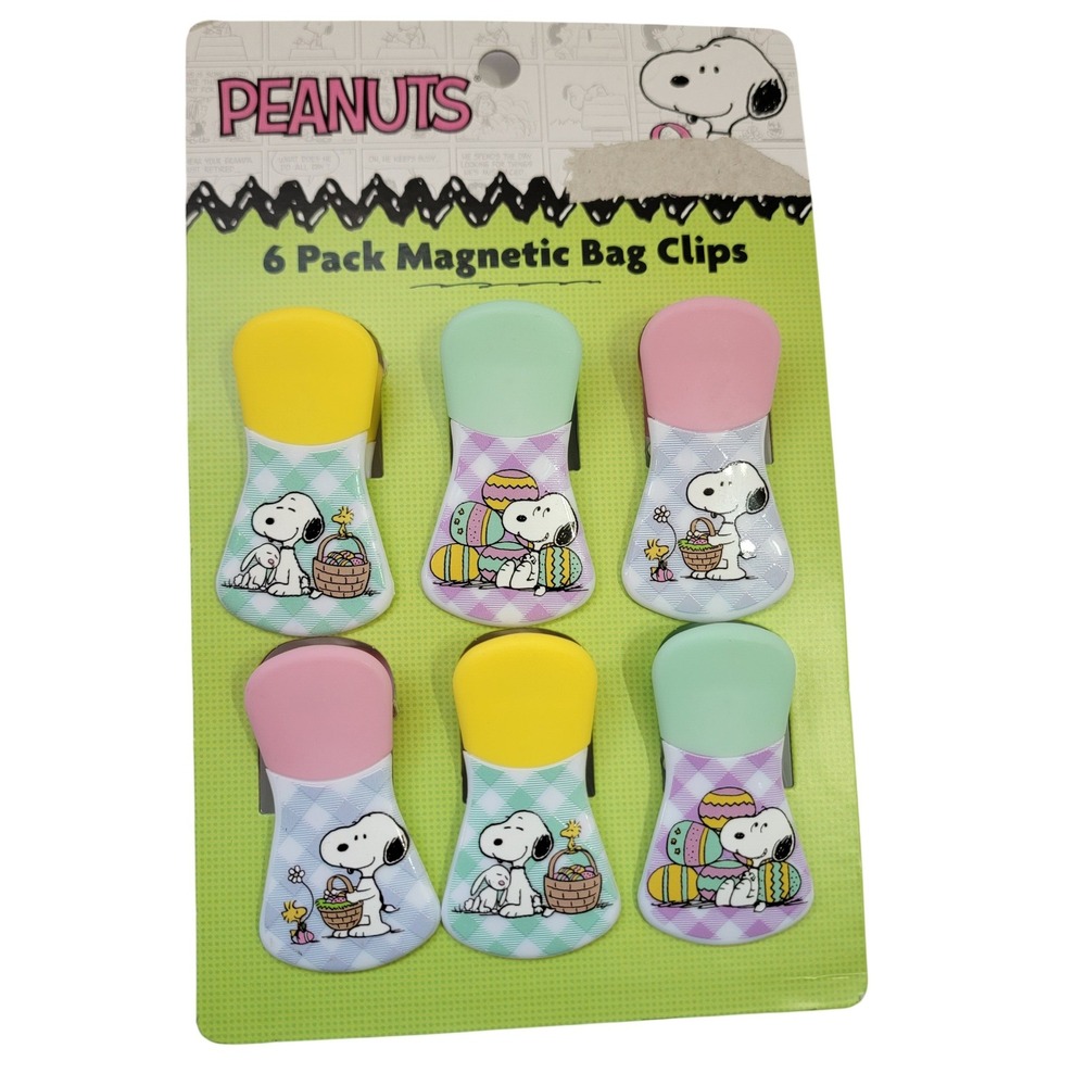 NEW Peanuts Snoopy Easter Magnetic Bag Clips 6 Pack Woodstock‎ Pastel Gingham